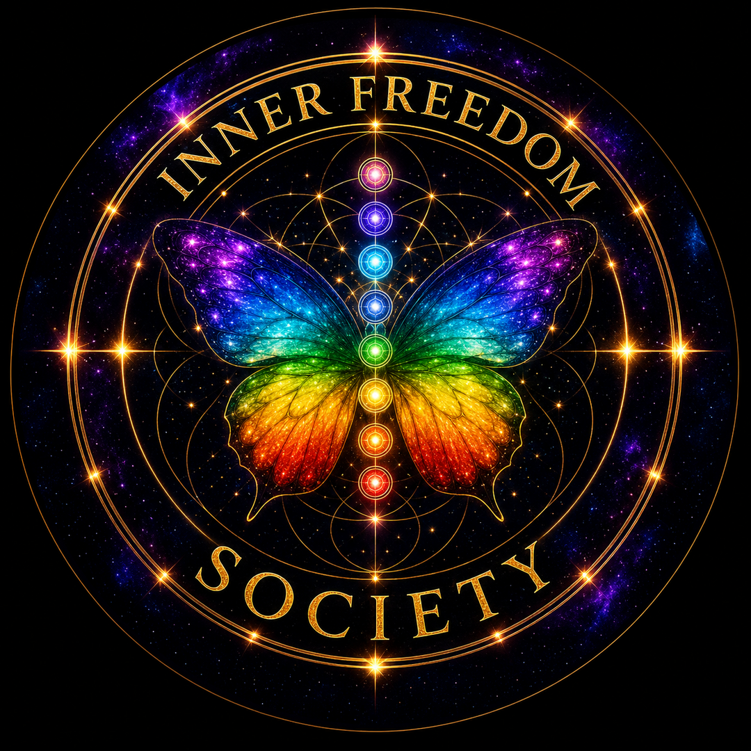 Inner Freedom Society emblem: a rainbow butterfly inside a gold cosmic circle